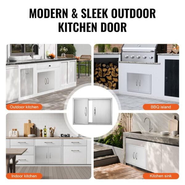 modern VEVOR bbq access door in various kitchen settings including outdoor kitchen, bbq island, and kitchen sink.