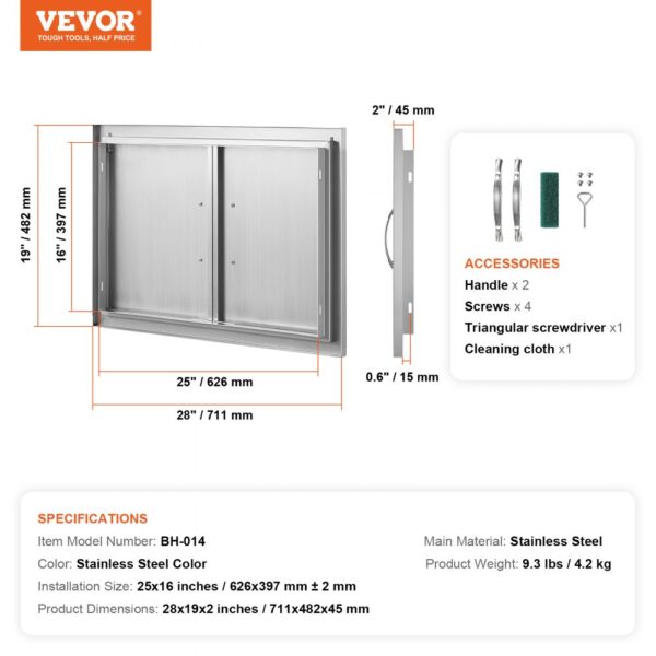 VEVOR bbq access door with dimensions and stainless steel finish, includes handles, screws, and cleaner.