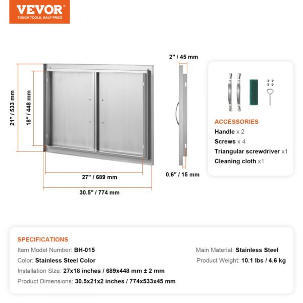 VEVOR bbq access door with handles, screws, triangular screwdriver, and cleaning cloth. stainless steel.