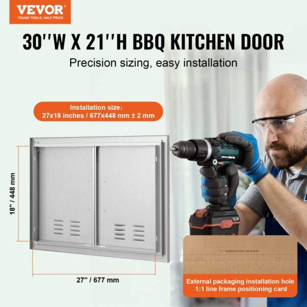 VEVOR bbq access door, 30''w x 21''h with precision sizing, easy installation, and drill in use.