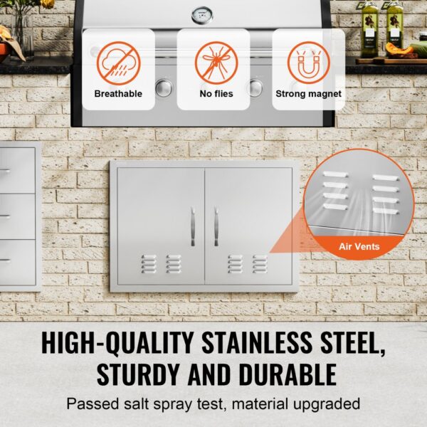 VEVOR bbq access door with air vents, stainless steel, featuring breathable design, strong magnet, no flies.