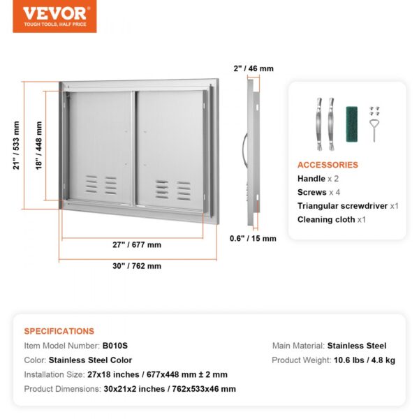 VEVOR bbq access door dimensions, accessories, and specifications listed on a white background.