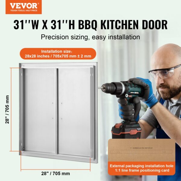 VEVOR bbq access door 31"w x 31"h with measurements, drill, and packaging instructions. easy installation.