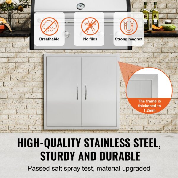 VEVOR bbq access door: high-quality stainless steel, breathable, fly-proof, strong magnet, 1.2mm thick frame.