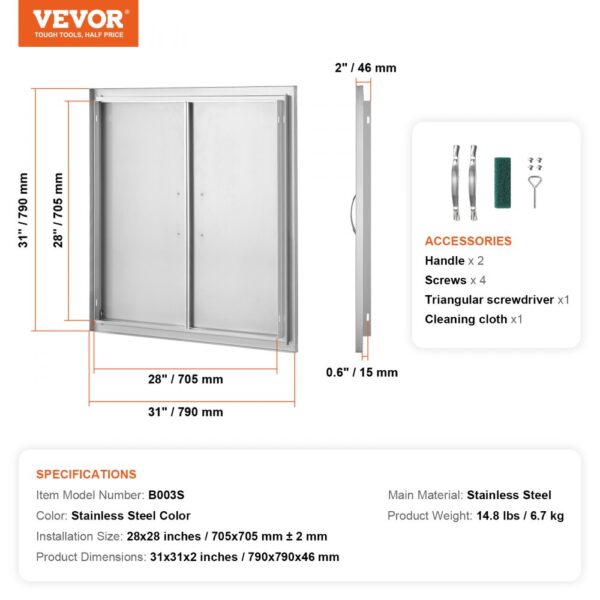 VEVOR bbq access door, stainless steel, 31"x31"x2", includes handles, screws, screwdriver, cleaning cloth.