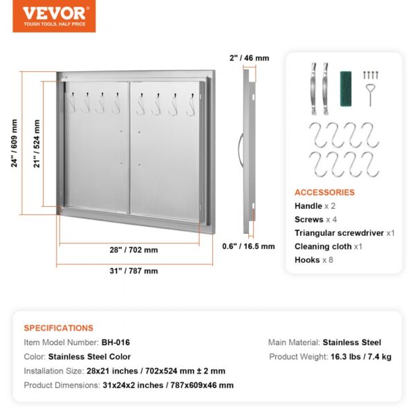 VEVOR bbq access door with hooks, handles, screws, and tools. stainless steel, 31x24x2 inches.