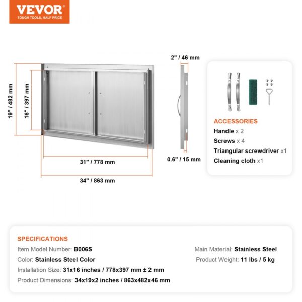 VEVOR bbq access door dimensions and specifications with included accessories: handles, screws, screwdriver, cleaning cloth.