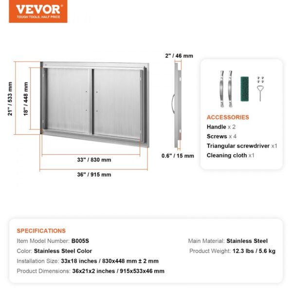 VEVOR BBQ Access Door, 915x533 mm Double Outdoor Kitchen Door, Stainless Steel Flush Mount Door, Wall Vertical Door with Handles, for BBQ Island, Grilling Station, Outside Cabinet