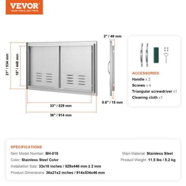 VEVOR bbq access door with stainless steel finish, dimensions 36x21x2 inch, includes handles and screws.