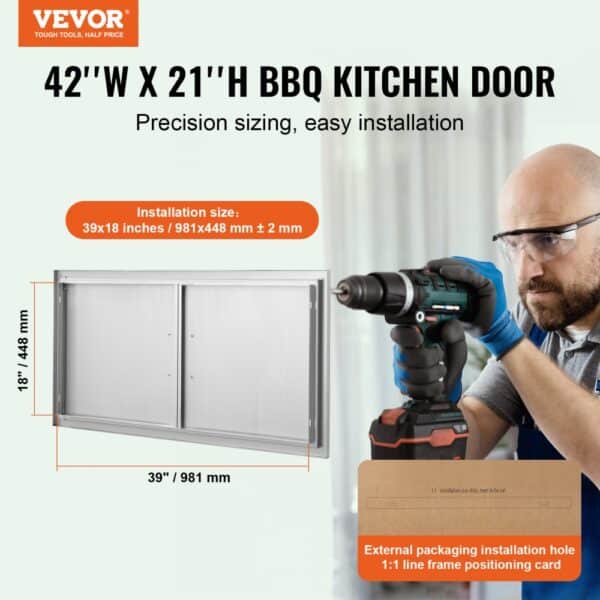 VEVOR bbq access door: 42"w x 21"h stainless steel with precision sizing for easy installation.