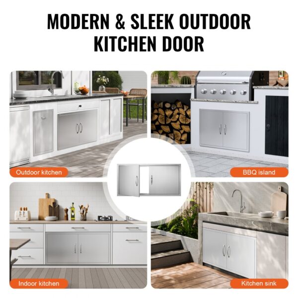 modern kitchen door installed in outdoor kitchen, bbq island, indoor kitchen, and beside kitchen sink.