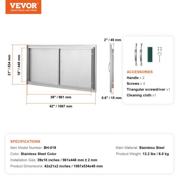 VEVOR bbq access door, stainless steel, 42"x21"x2", includes handles, screws, screwdriver, and cleaning cloth.