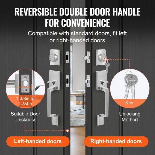 VEVOR Double Door Handle Set, Double Door Lock Set with Reversible Handle Lever, Satin Nickel Square Door Lever, Heavy Duty Double Front Door Handle Set with Dummy, for Front Door or Office Door