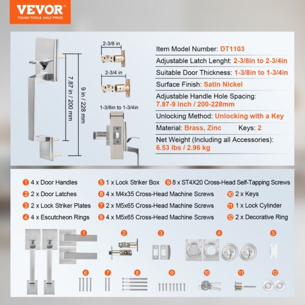 VEVOR Double Door Handle Set, Double Door Lock Set with Reversible Handle Lever, Satin Nickel Square Door Lever, Heavy Duty Double Front Door Handle Set with Dummy, for Front Door or Office Door