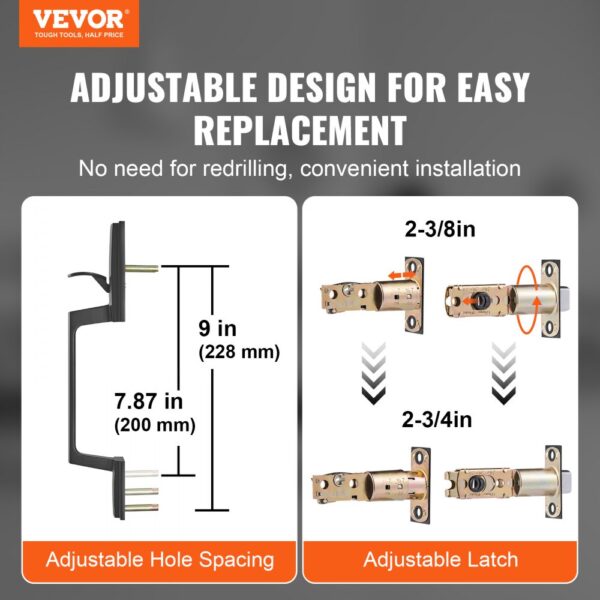 VEVOR double door handle set with adjustable latch and hole spacing for easy replacement and installation.