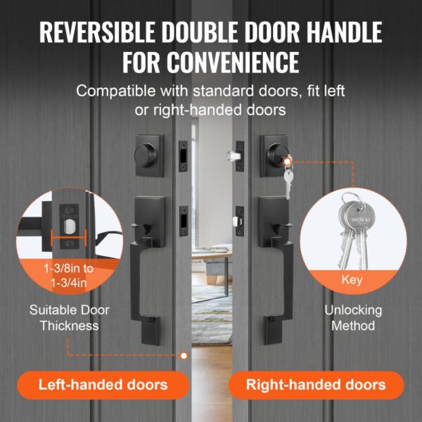 VEVOR double door handle set, reversible handles for left or right-handed doors, includes keys and lock.