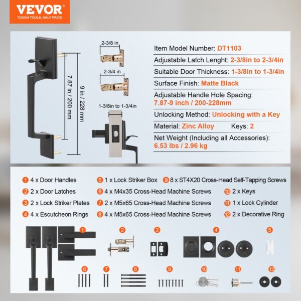 VEVOR double door handle set with adjustable latch length, zinc alloy, and matte black finish.