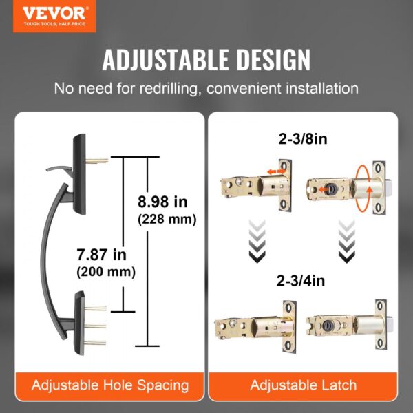 VEVOR double door handle set with adjustable hole spacing and adjustable latch for easy installation.