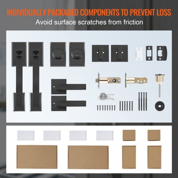 VEVOR double door handle set components, including handles, lock mechanisms, keys, and screws.