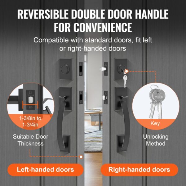 VEVOR double door handle set suitable for left or right-handed doors, fits 1-3/8in to 1-3/4in thickness.