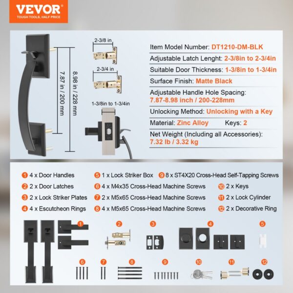 VEVOR double door handle set with adjustable latch, matte black finish, and detailed hardware list.