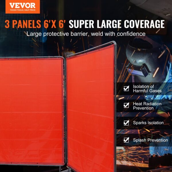 VEVOR welding screen with three red panels, providing large protective coverage for welding safety.