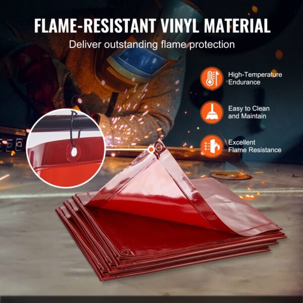 VEVOR welding screen showcasing red flame-resistant vinyl material with high-temperature endurance.