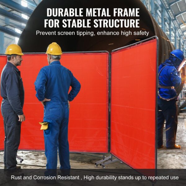 workers stand near a red VEVOR welding screen with durable metal frame in an industrial setting.