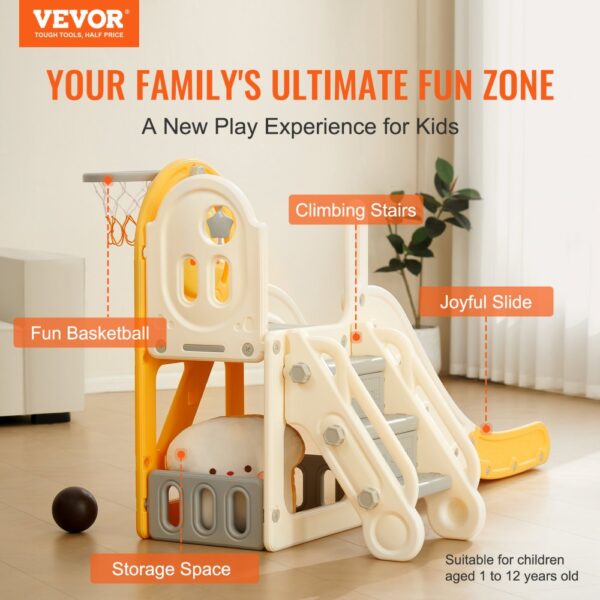 VEVOR toddler slide with climbing stairs, fun basketball hoop, storage space, and joyful slide for kids.