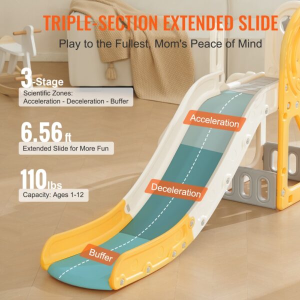 VEVOR toddler slide with 3-stage acceleration, 6.56 ft length, 110 lbs capacity for ages 1-12.