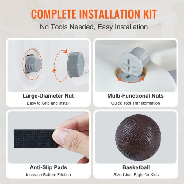 complete installation kit for VEVOR toddler slide with large-diameter nut, multi-functional nuts, anti-slip pads, and basketball.