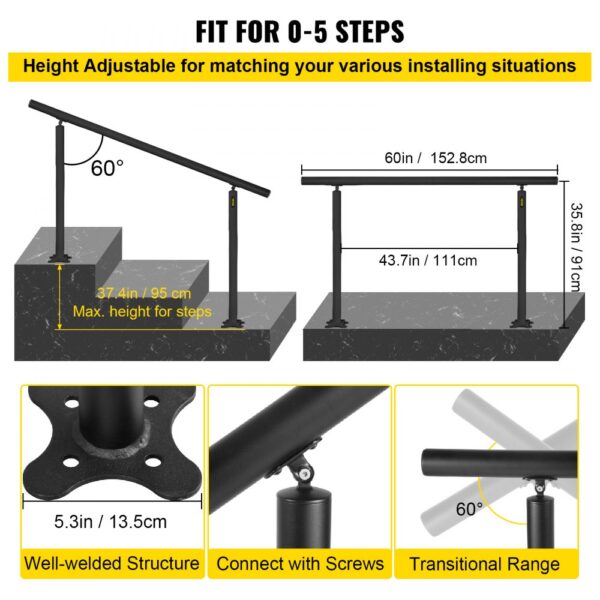 VEVOR outdoor stair railing kit, height-adjustable, suitable for 0-5 steps, with measurement details.