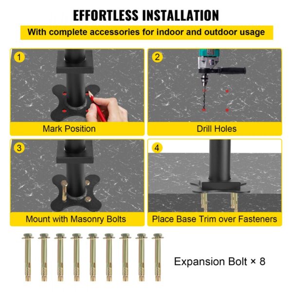 installation guide for VEVOR outdoor stair railing kit: mark position, drill holes, mount with bolts, place trim.