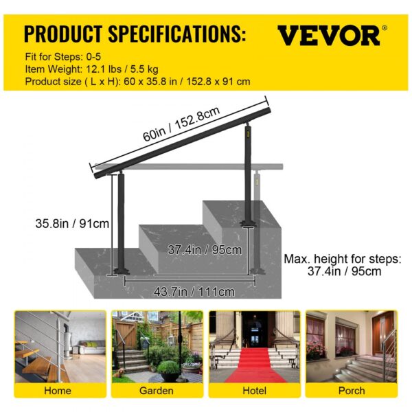 VEVOR outdoor stair railing kit for steps 0-5, weight 12.1 lbs, size 60x35.8in, for home, garden, hotel, porch.