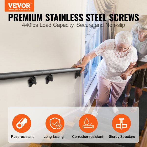 VEVOR indoor stair handrail with premium stainless steel screws, 440lbs load capacity, non-slip.