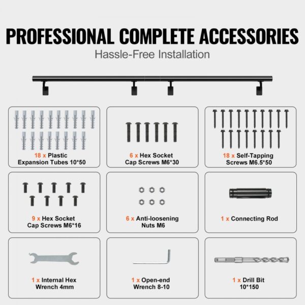 VEVOR indoor stair handrail complete accessories include screws, expansion tubes, nuts, wrench, and drill bit.