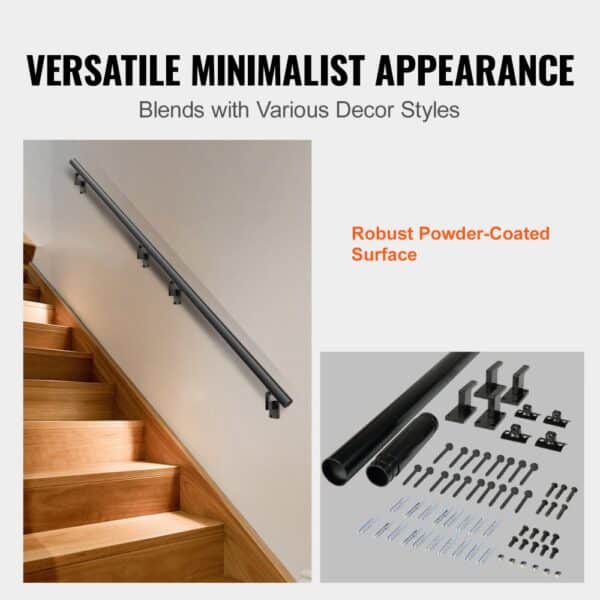 VEVOR indoor stair handrail with minimalist design and powder-coated surface, blending with decor styles.