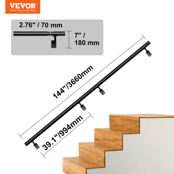 VEVOR indoor stair handrail with measurements: 144"/3660mm length, 39.1"/994mm height, 2.76"/70mm width.