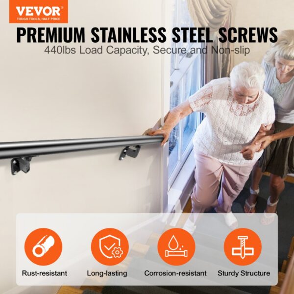 VEVOR handrail features premium stainless steel screws, 440lbs load capacity, rust-resistant, and sturdy.