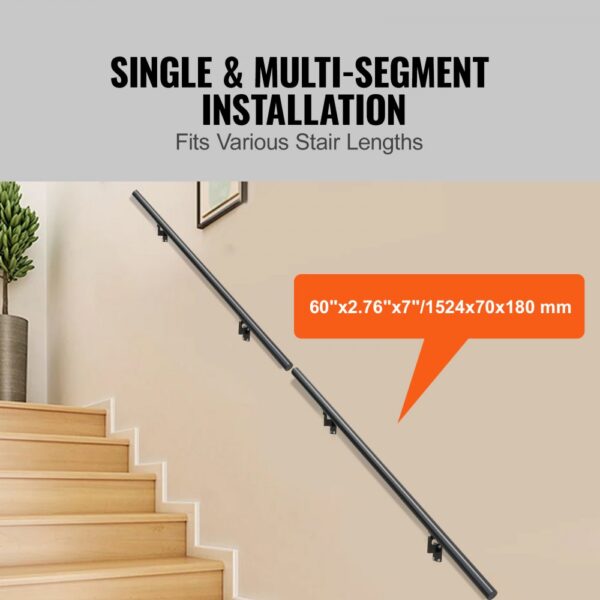 VEVOR handrail on a wooden staircase, demonstrating single and multi-segment installation options.