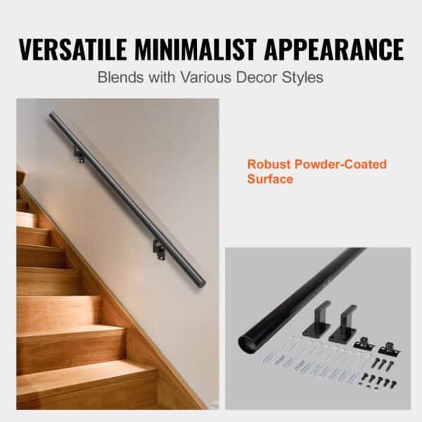 VEVOR handrail installed beside wooden stairs with robust powder-coated surface and included hardware.