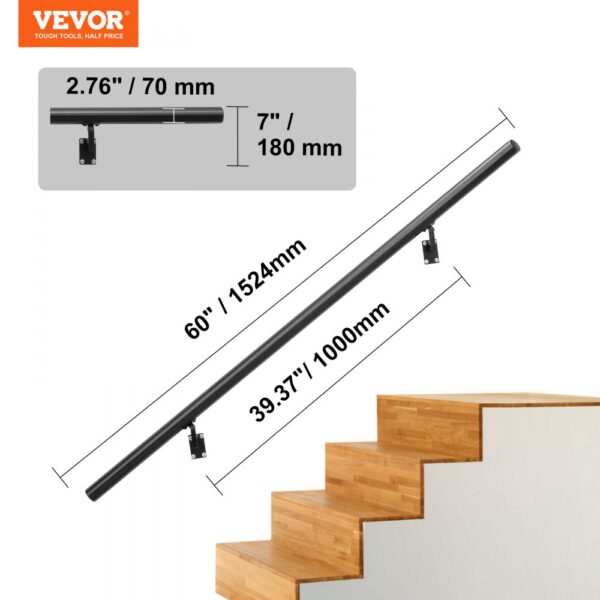 VEVOR handrail, 60" black metal with wall mounts next to wooden stairs, 39.37" height, 2.76" diameter.