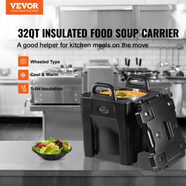 VEVOR insulated food carrier in a kitchen with a salad bowl nearby.