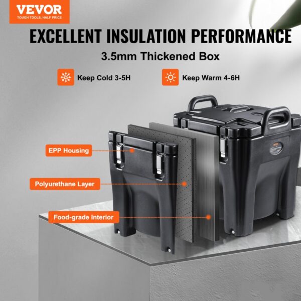 VEVOR insulated food carrier with epp housing and polyurethane layer for thermal retention.