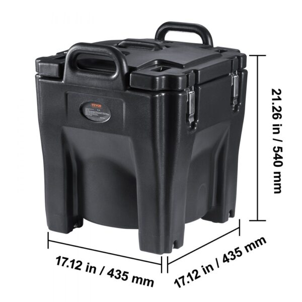 VEVOR insulated food carrier, black, with dimensions marked: 21.26"x17.12"x17.12".