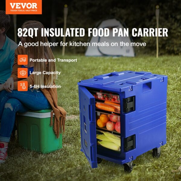 VEVOR insulated food pan carrier on grass with vegetables, shown for outdoor use.