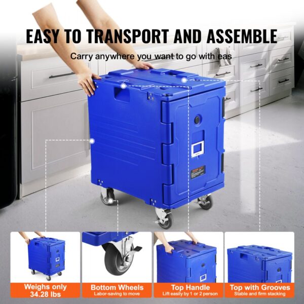 VEVOR insulated food pan carrier with wheels and handles for easy transport.