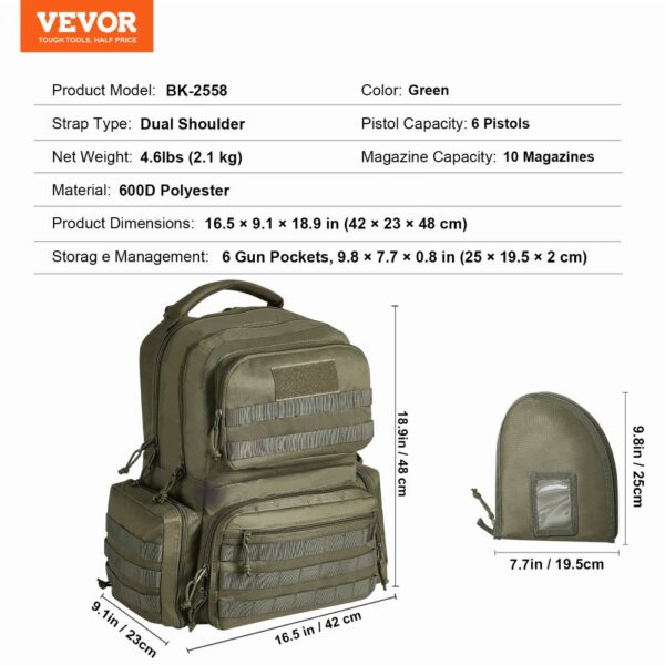 VEVOR Tactical Range Backpack for 6 Pistols Gun Backpack Green