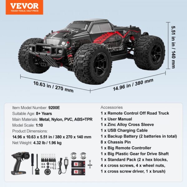 VEVOR Remote Control Car 1:10 Scale Kids RC Car All Terrain 4WD Off-Road Truck