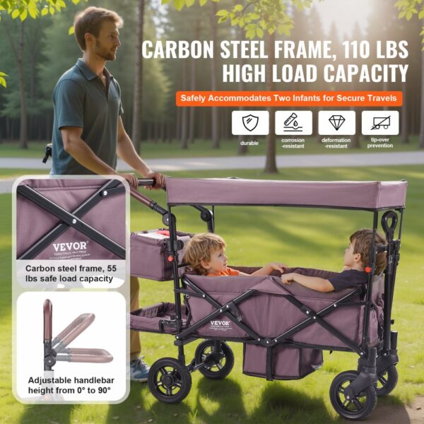 VEVOR Wagon Stroller Push Pull Quad Collapsible for 2 Kids w/ Canopy Dark Purple